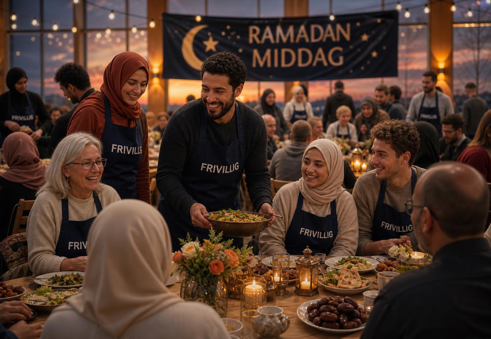 Fælles iftar-middag med en blandet gruppe frivillige og deltagere